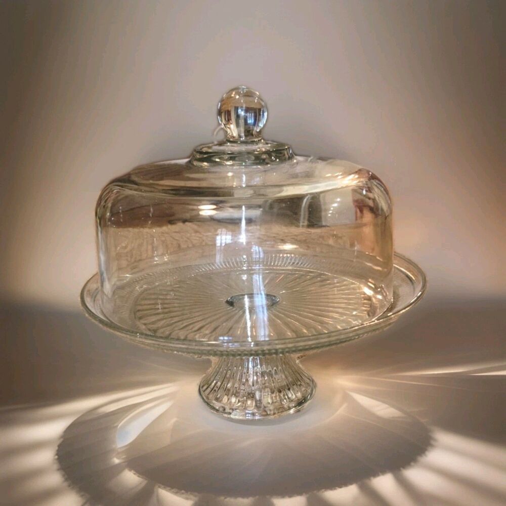 VTG Anchor Hocking Glass Canton Pedestal Cake Stand Glass Dome Lid 12" Starburst